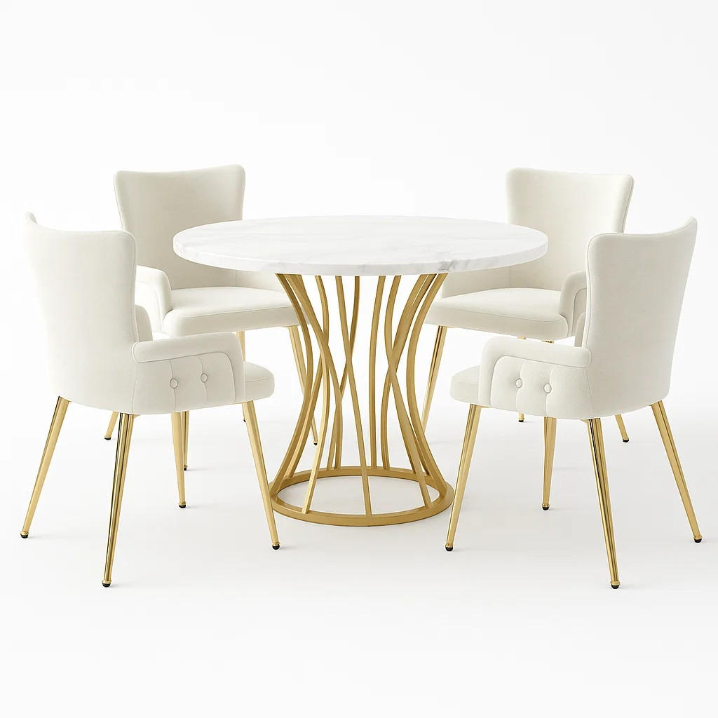 ESSTISCH SET mit 4 Stühlen, Weißer Marmoroptik und Goldenes Gestell - Beige, Holzwerkstoff/Textil (80/76/80cm) - Urban Meuble