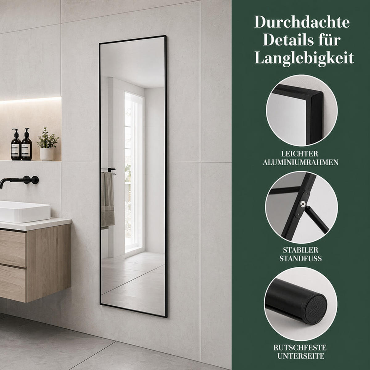 STANDSPIEGEL für Schlafzimmer & Diele, Schwarz, Alurahmen 150 x 40 cm - Schwarz, Glas/Metall (2/150/40cm) - SHOPENTRA