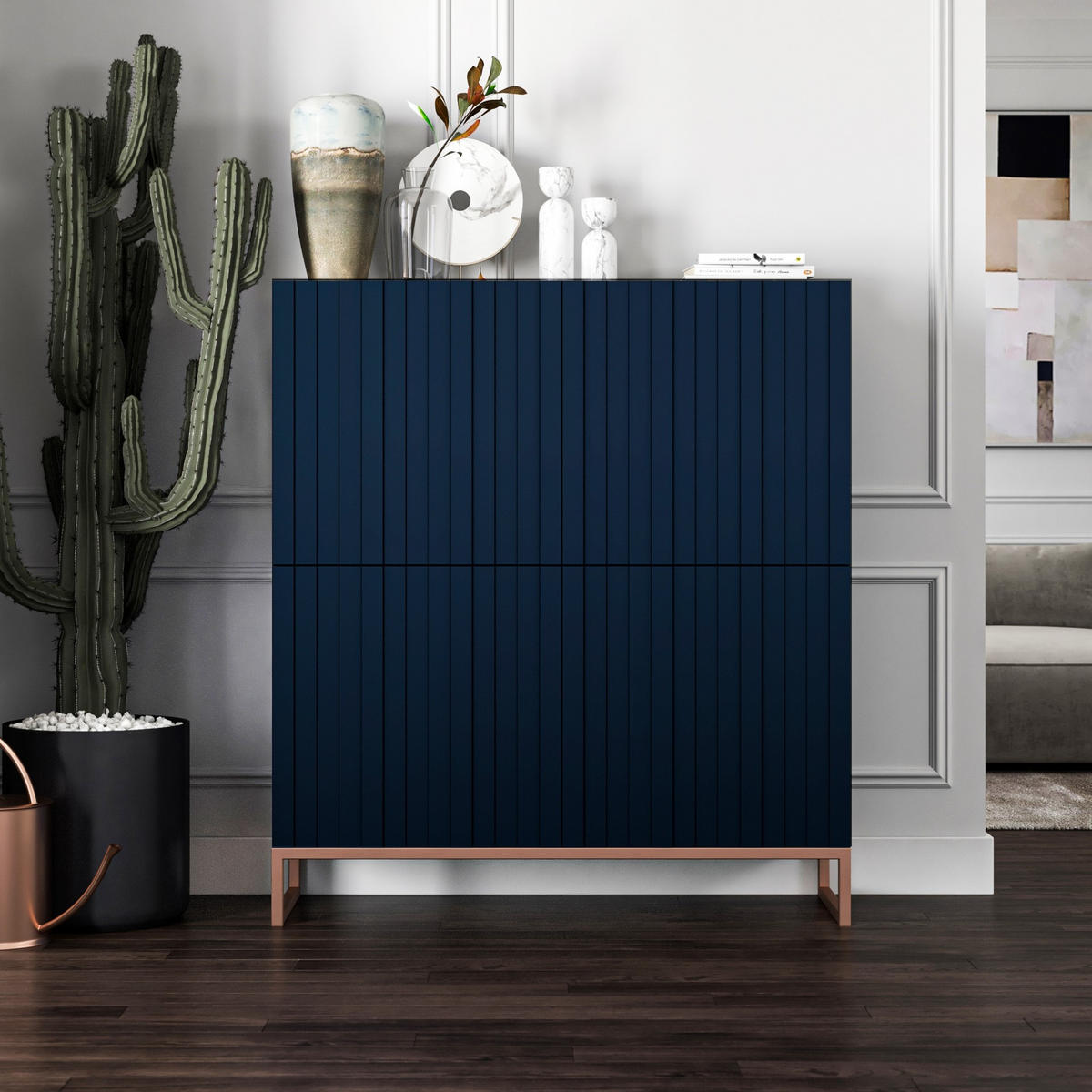 KOMMODE Elpis 4D Marineblau Matt Glamour 112 cm - Blau/Kupferfarben, Holzwerkstoff/Metall (112/126/36.5cm) - Meble Lindner