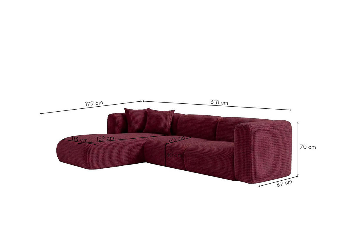 ECKSOFA L-Form, Chenille-Stoff Cremona, Rotwein, Links, GRETA - Weinrot, Holz (318/179cm) - Kaiser Möbel