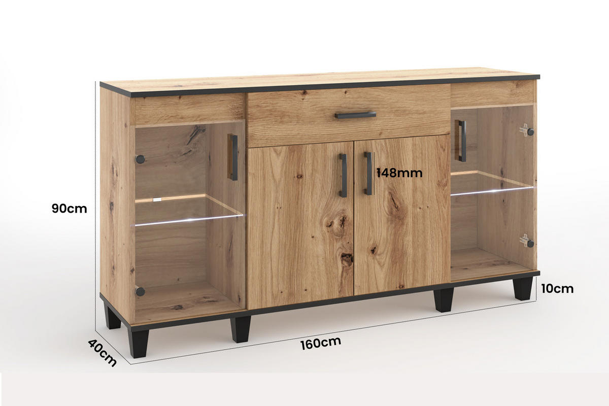 KOMMODE Vanessa II 160 cm mit Schublade und Holzbeine, viertürig, tartisan, schwarz - Schwarz/Eiche Artisan, Glas/Holz (160/90/40cm) - Margaret Hadas24