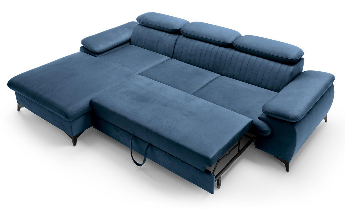 ECKSOFA 280 cm Xanto M, Schlaffunktion, verstellbaren Kopfstützen, Links, Blau - Blau, Holz (280/193cm) - Emporius