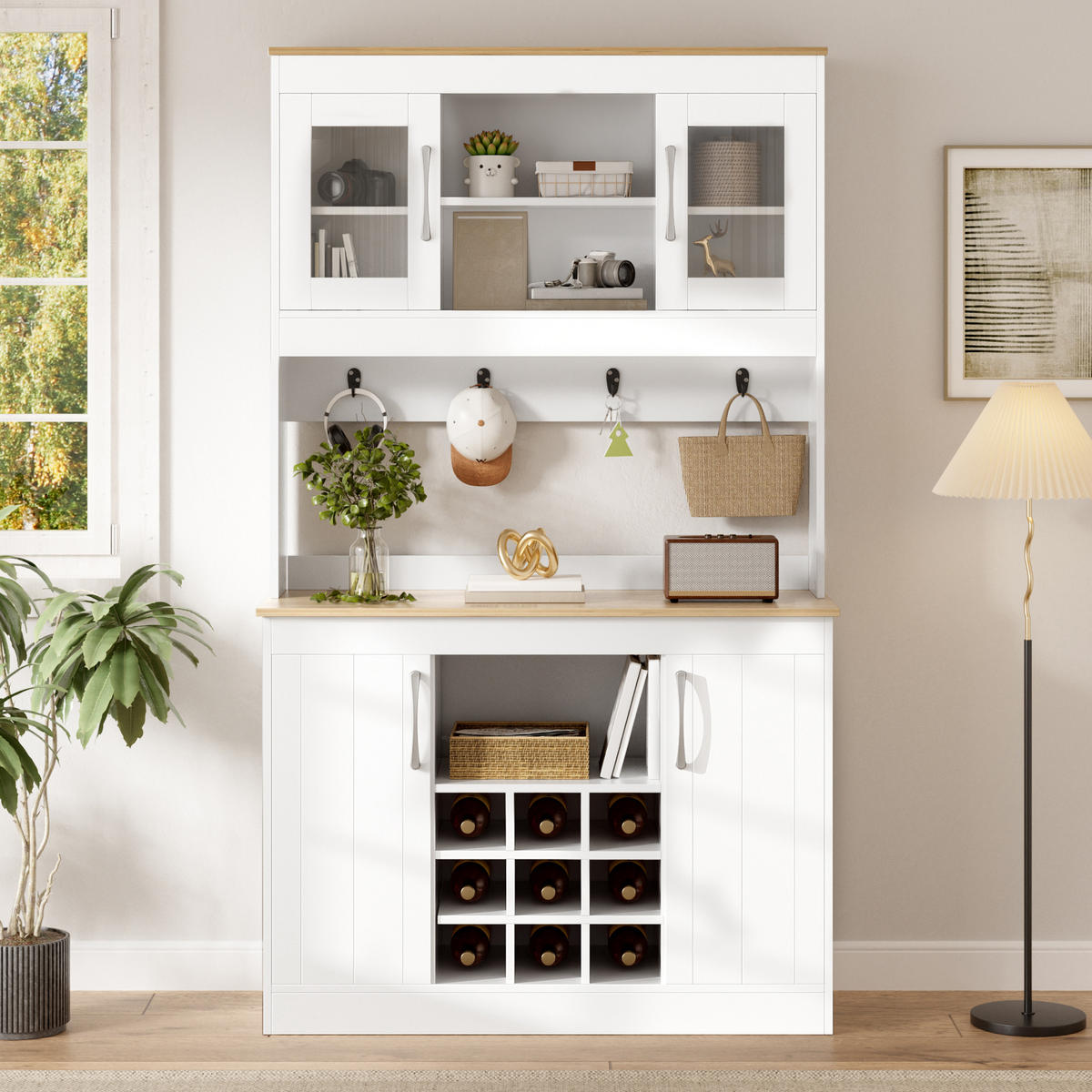 KÜCHENBUFFET 106x39x175 cm, Glastüren, Weinregal, Hakenleiste, Natur/Weiß - Naturfarben, Holzwerkstoff (106/175/39cm) - FOHERE