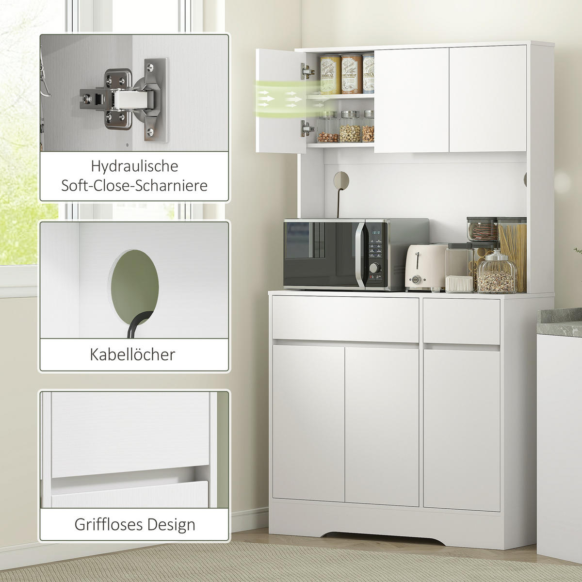 KÜCHENSCHRANK Buffetschrank mit Arbeitsplatte, 6 Türen, Kabellöchern, Weiß - Weiß, Holz (38/180/100cm) - HOMCOM
