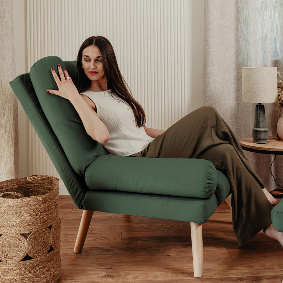 RELAXSESSEL LILA mit hocker, 75/75/100 cm, Grün - Grün, Holz/Textil (75/100/75cm) - Idohome