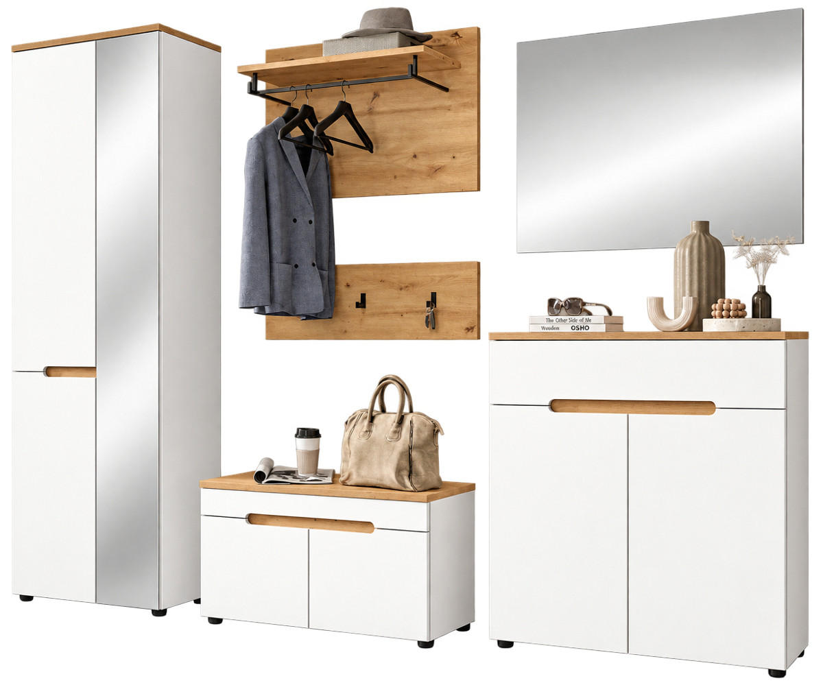GARDEROBEN-SET weiß, Eiche Artisan 6-teilig, Komplett-Set mit Soft-Close - Weiß, Glas/Holzwerkstoff (255/190/37cm) - Inn.Furn