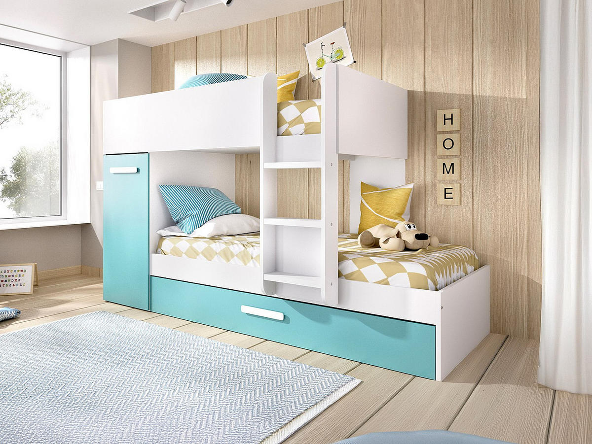 ETAGENBETT Ausziehbett mit Stauraum - 3x 90 x 190 cm - Weiß, Naturfarben & Blau - ANTHONY - Blau, Holz (97/243cm) - Vente-Unique