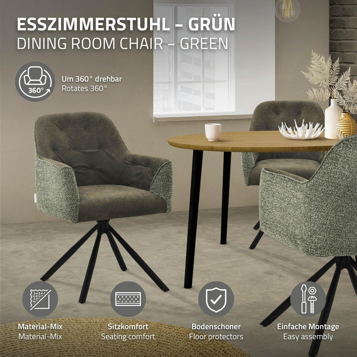 ESSZIMMERSTUHL drehbar Küchenstuhl gepolstert aus Webstoff-Kunstleder Grün - Schwarz/Grün, Textil/Metall (62/87/65cm) - ML-DESIGN