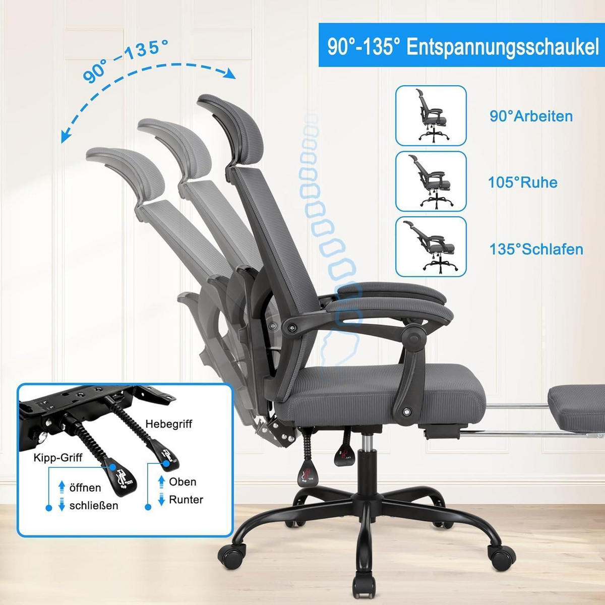 BÜROSTUHL mit Fußstütze Grau - Grau, Textil (64/117/64cm)