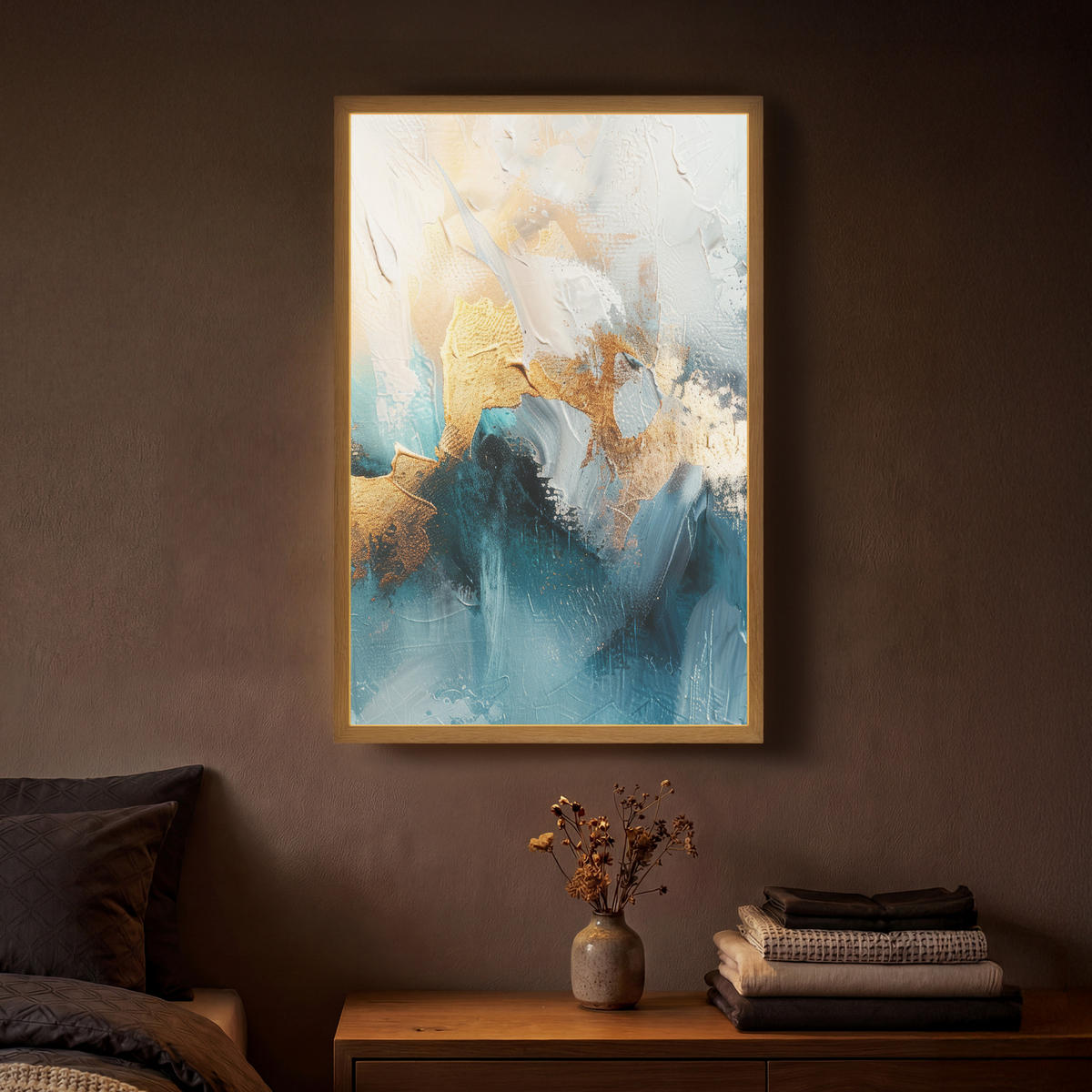 NÁSTĚNNÁ LAMPA S AKUMULÁTOREM Abstraktní - umění - zlatá - modrá 40x60 cm - tyrkysová, kompozitní dřevo (40/60/8cm) - OnlyWow