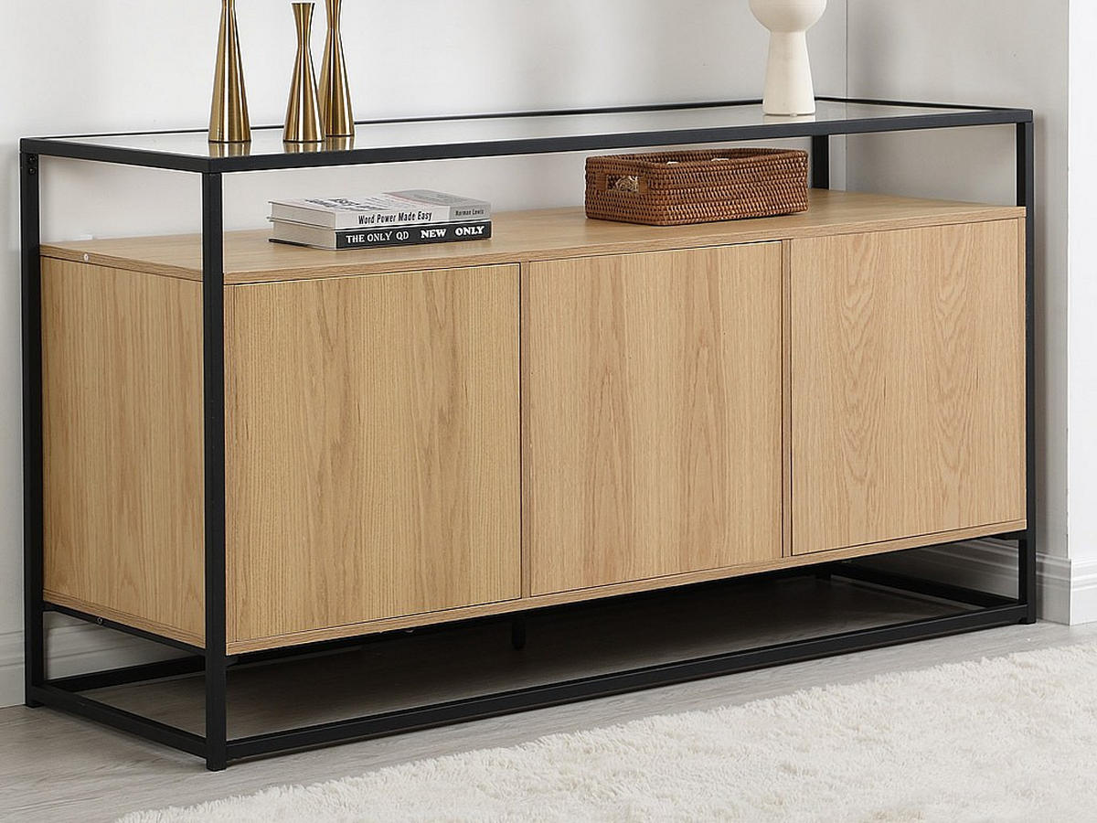 SIDEBOARD mit 3 Türen - MDF, gehärtetes Glas & Metall - Hell - CAMATA - Naturfarben, Holz (150/80/50cm) - Vente-Unique