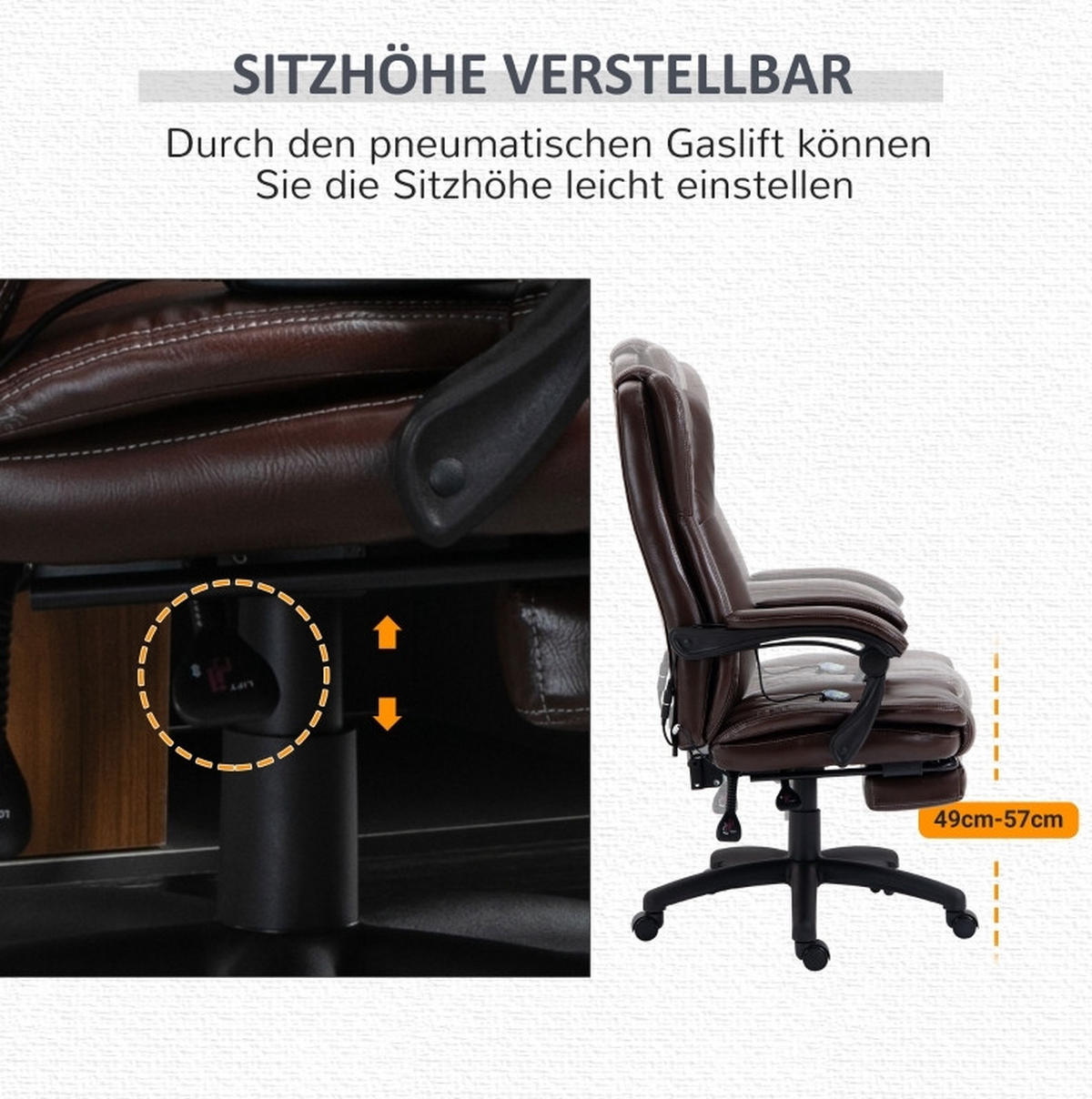 CHEFSESSEL 68,5/113-121/68,5 cm Braun aus Kunstleder mit Massagefunktion - Braun, Kunststoff (68.5/121/68.5cm) - OKMYHOME