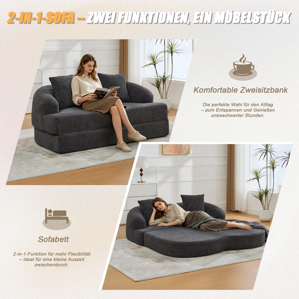 SCHLAFSOFA, 2 Sitzer aus Chenille, Klappsofa Bodensofa mit Schlaffunktion, Dunkelgrau - Dunkelgrau, Textil (157/44/153cm) - LVHOM