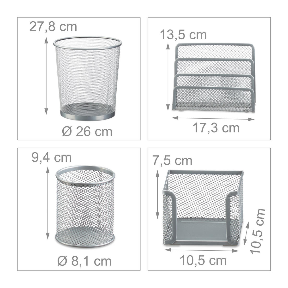4TLG.SCHREIBTISCHORGANIZER - Silberfarben, Metall (26/26/28.5cm) - Relaxdays