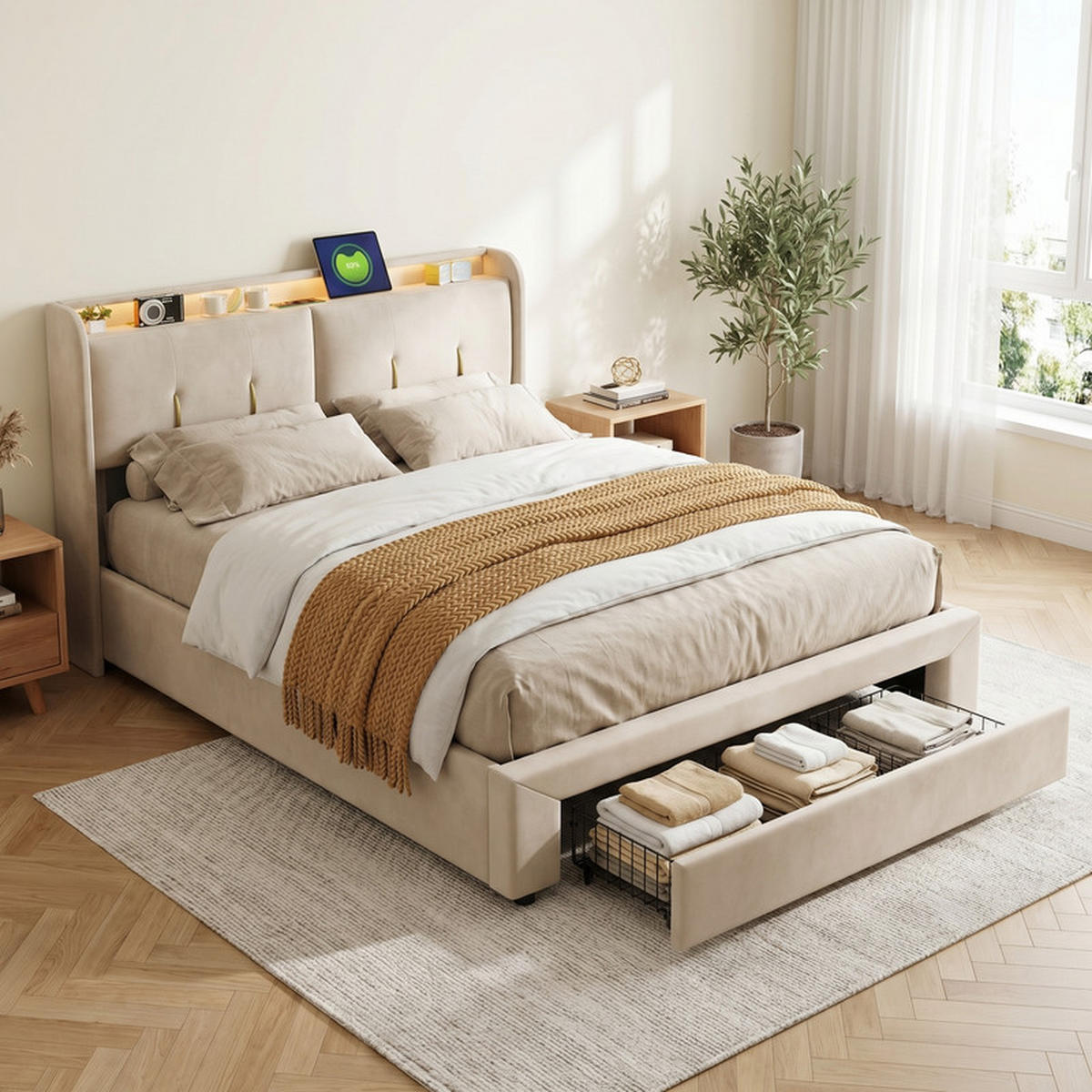 KLÄDD säng 140/200 cm krämfärgad med förvaringsutrymme, LED och USB - Beige, Trä - SHOPENTRA