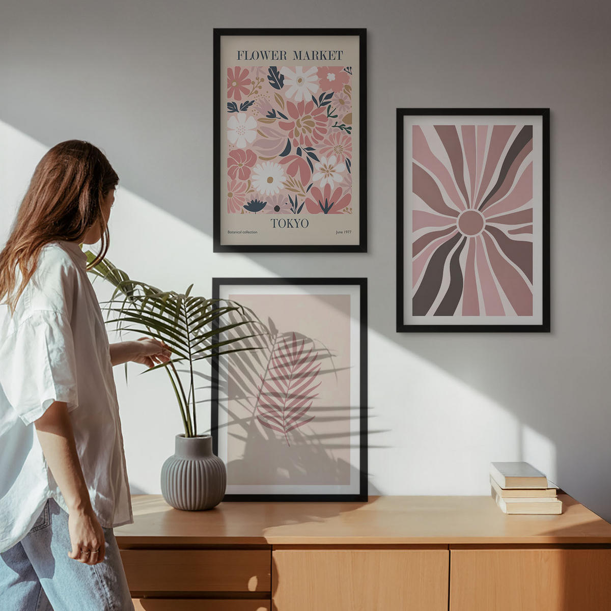 BILDER SET 3er Set - 40x60 cm Schwarzer Rahmen - Florale Blattmuster und Geometrie - Schwarz, Kunststoff (40/60cm) - TULUP