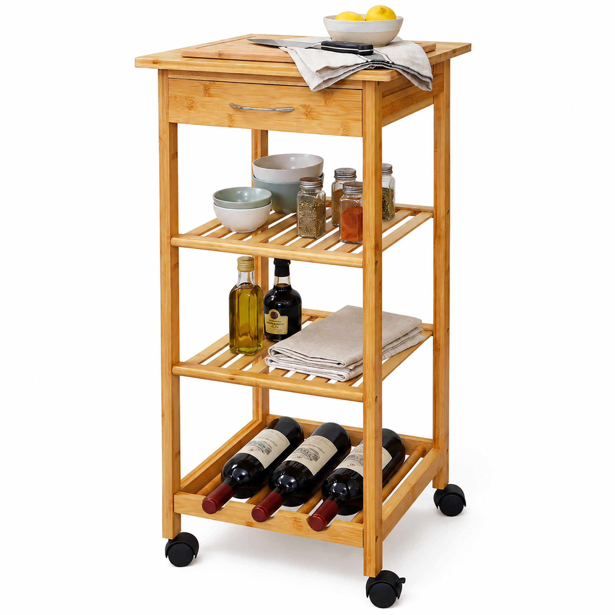 CARUCIOR Natural negru bambus 4-rafturi cu roti 80x39x39 cm