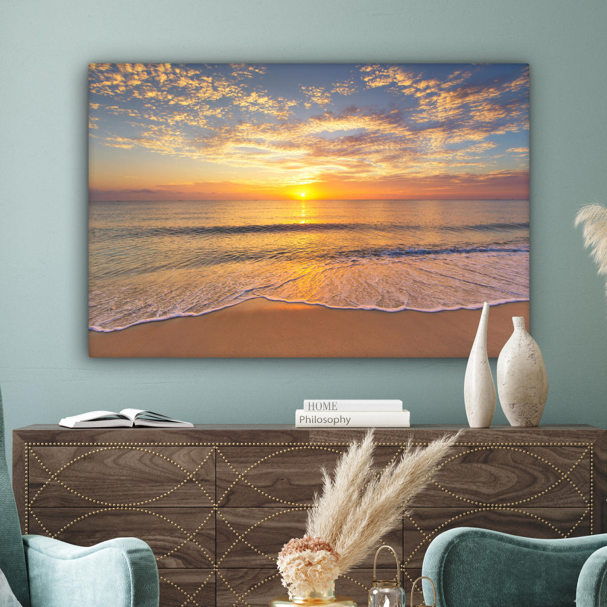 LEINWANDBILD Strand - Sonnenuntergang - Meer Wohnzimmer 120x80 cm - Gelb, Textil (120/80cm) - MuchoWow