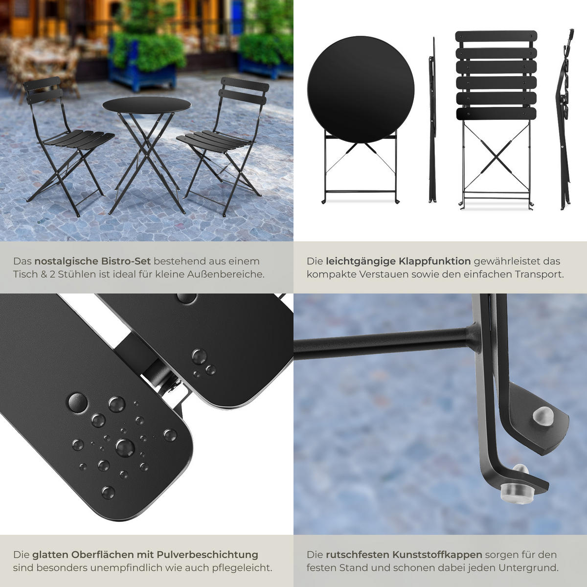 BISTROTISCH SET Frieda,Belastbarkeit Stuhl 120 kg,schwarz - Schwarz, Naturmaterialien/Textil - tectake
