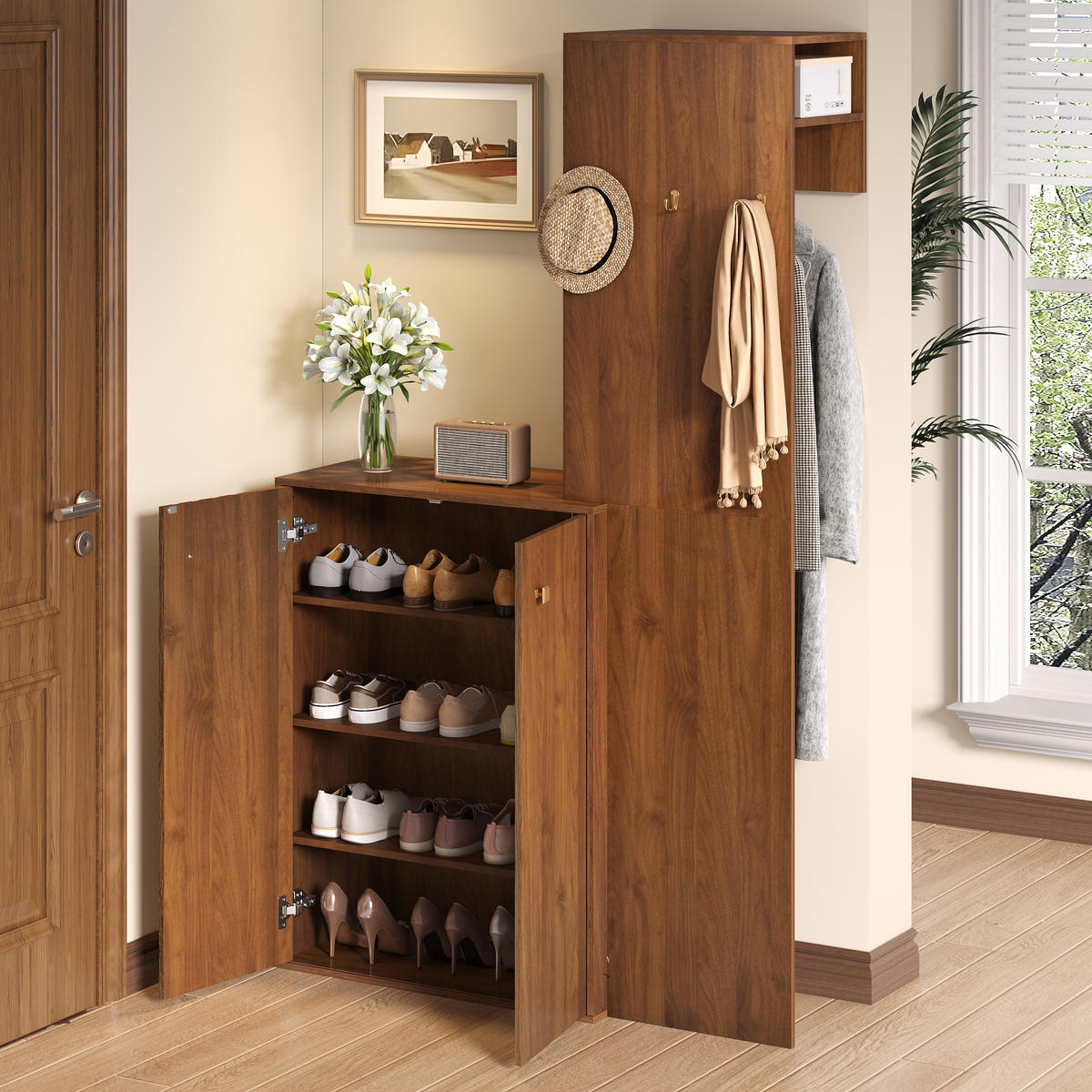 GARDEROBENSET mit Haken Schuhschrank Stauraum - Nussbaumfarben, Holz (115/191.5/38.5cm) - LEBENLANG