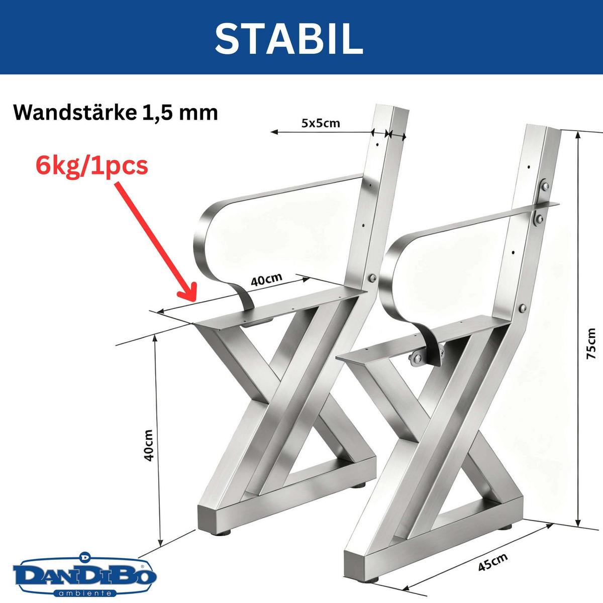 BANKGESTELL mit Lehne Edelstahl 45/75 cm - Edelstahlfarben, Metall (45/75/5cm) - DanDiBo