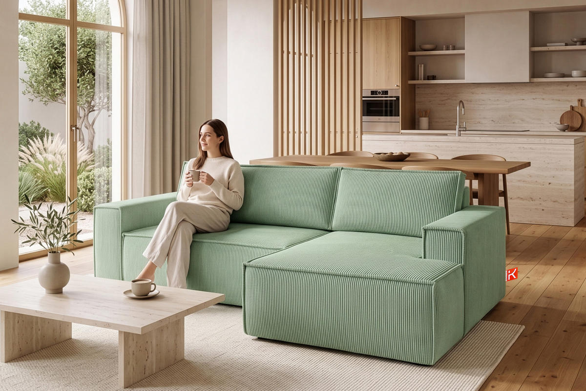 ECKSCHLAFSOFA-RECHTS NAPI in Pet Friendly Cord-Stoff, mintfarben - Schwarz/Mintgrün, Textil (262/148cm) - KONSIMO®