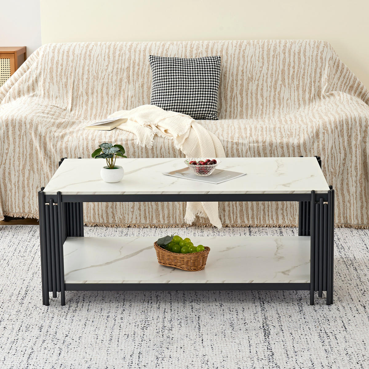 COUCHTISCH 114/64/46 cm weiß schwarz aus MDF mit 2 Ablagen - Schwarz, Holzwerkstoff (114/64/46cm) - OKWISH