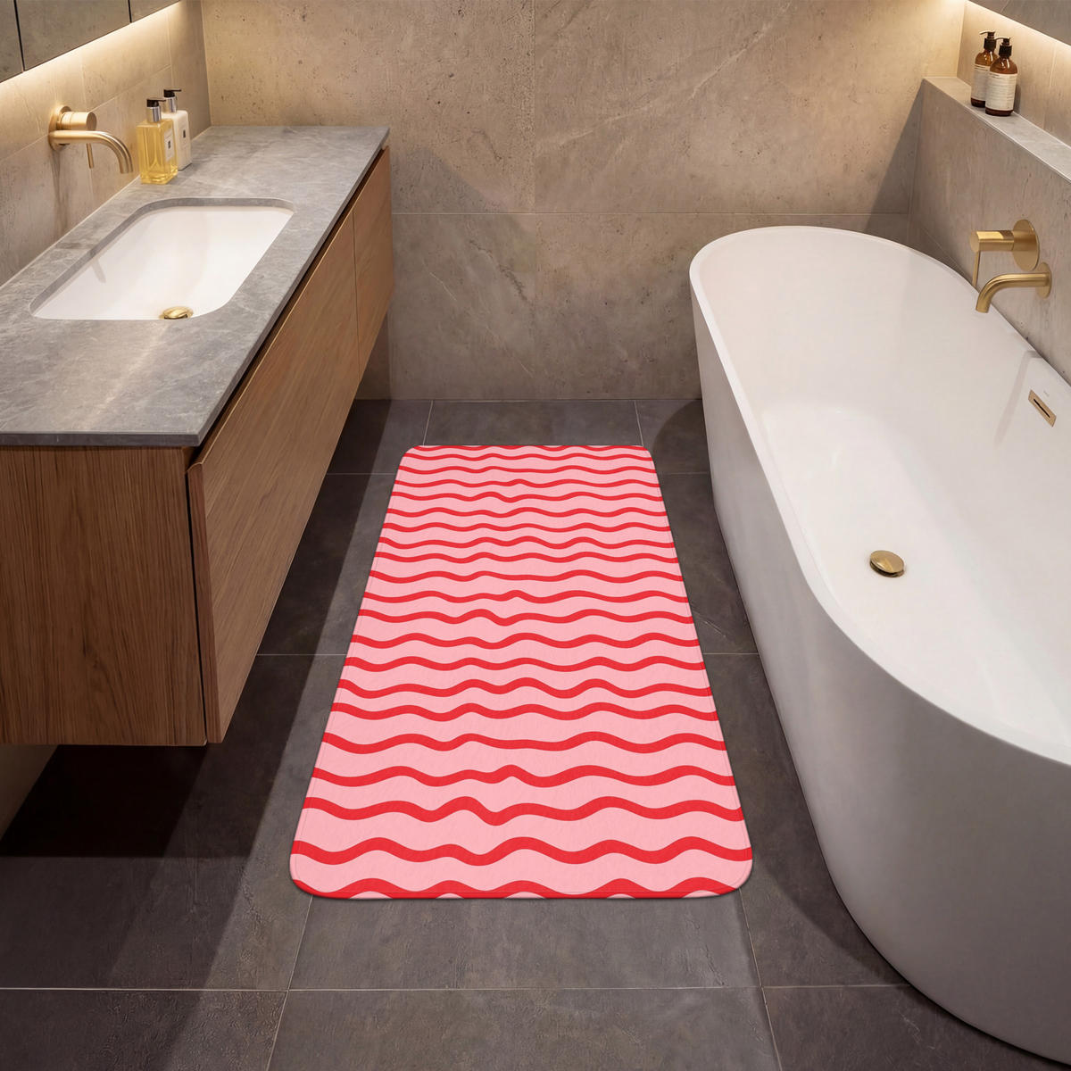 KÚPEĽŇOVÁ PREDLOŽKA Hravé - vzor - červená 60x120 cm - ružová, textil/plast (60/120cm) - OnlyWow