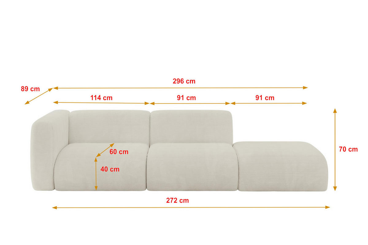 SOFA Ottomane Links MIRA-S3 296x89x70 Creme Cord - Ecru/Creme, Holzwerkstoff/Kunststoff (296/70/89cm) - ALTDECOR