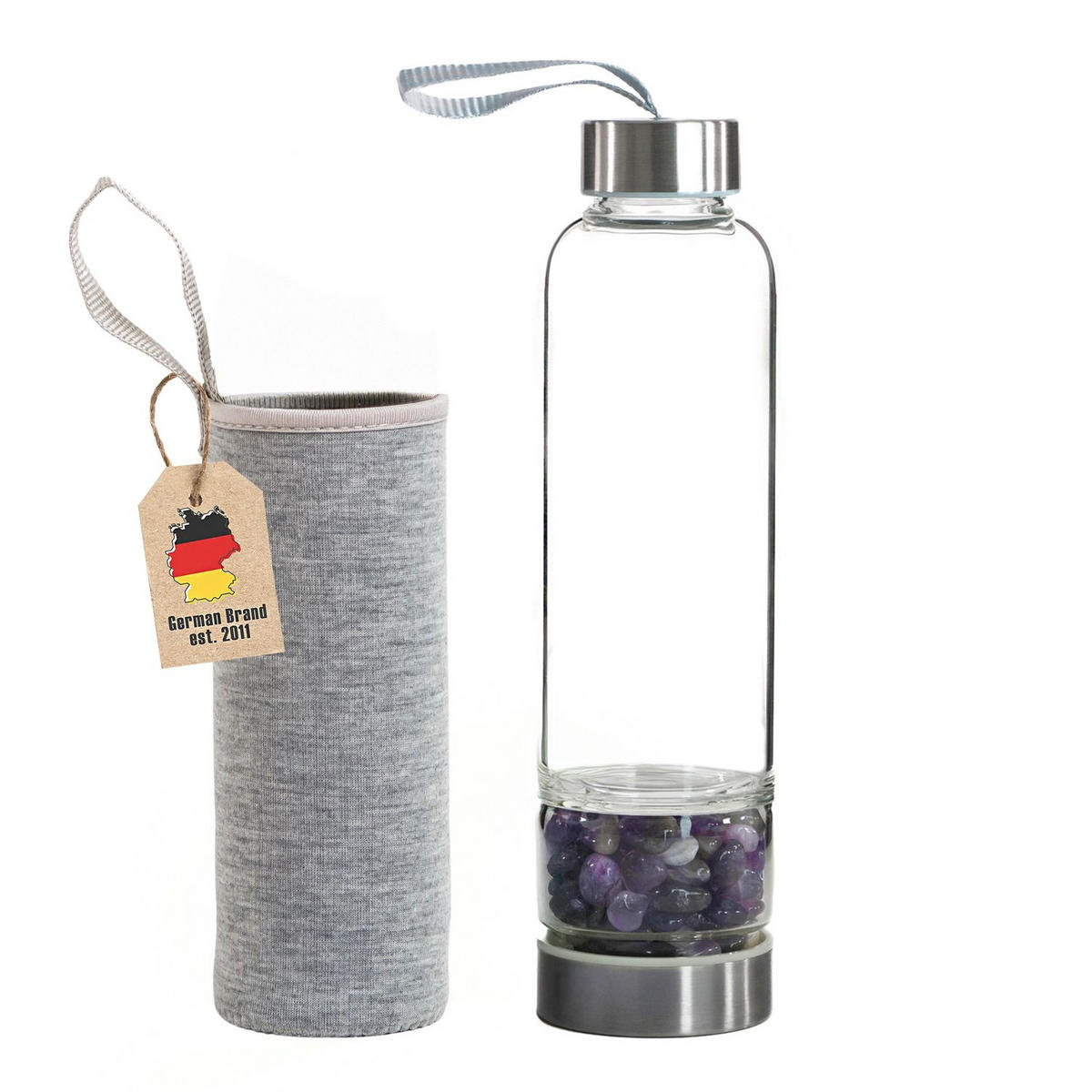 WASSERFLASCHE mit Heilsteinen und Tasche 400ml - Lila, Glas (0.4L) - Intirilife