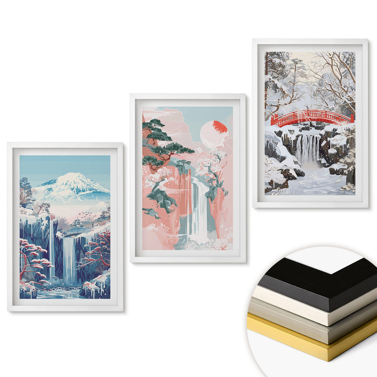 WANDBILDER 3er-Set - 40x60 cm Weißer Rahmen - Berglandschaften, Wasserfälle - Weiß, Kunststoff (40/60cm) - ArtPrintCave