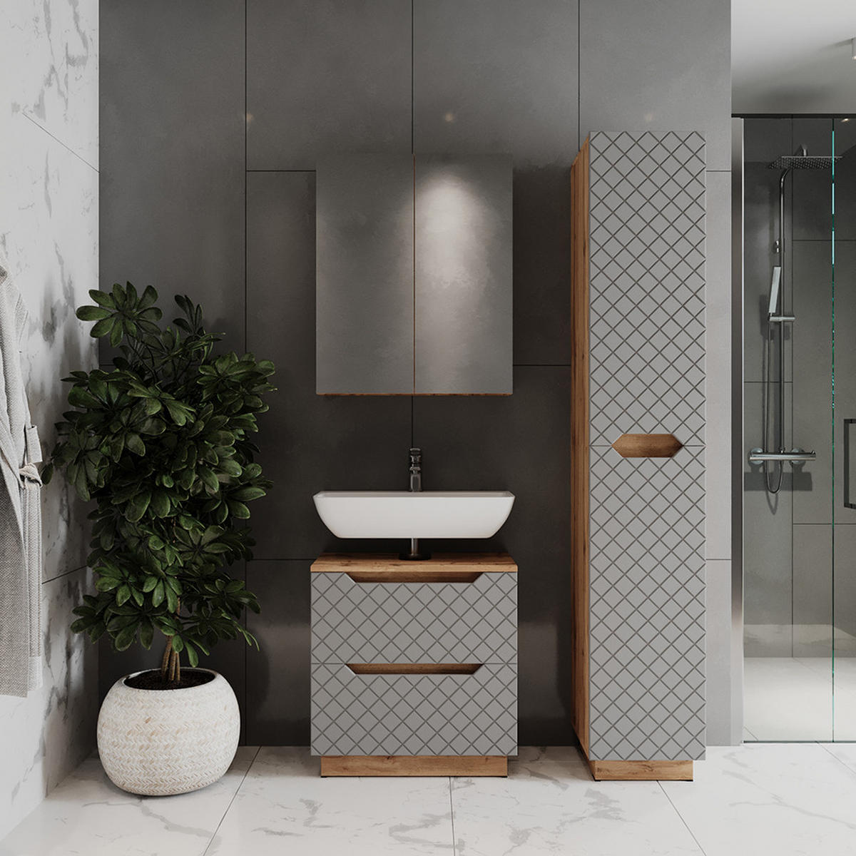 KOUPELNOVÝ NÁBYTEK Lotta Dub/šedá se strukturou dlaždic - šedá/barva dubu, kompozitní dřevo (59.8/62.5/32cm) - Vicco
