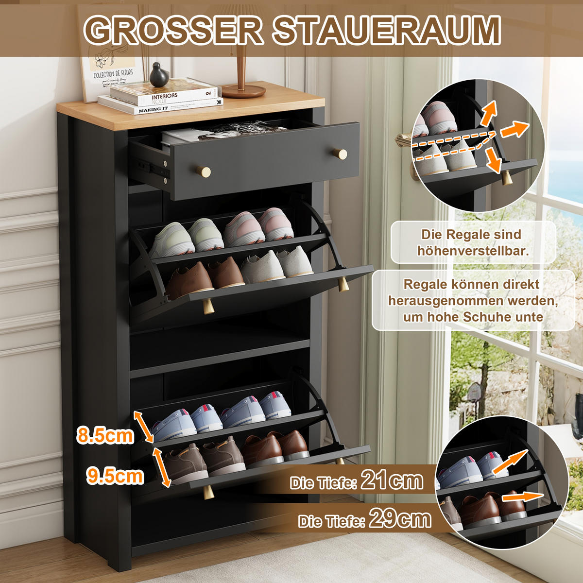 SCHUHSCHRANK Schwarz Holzoptik 2 Klappen Schublade Modern - Schwarz, Holzwerkstoff (50/95/25cm) - FLIEKS