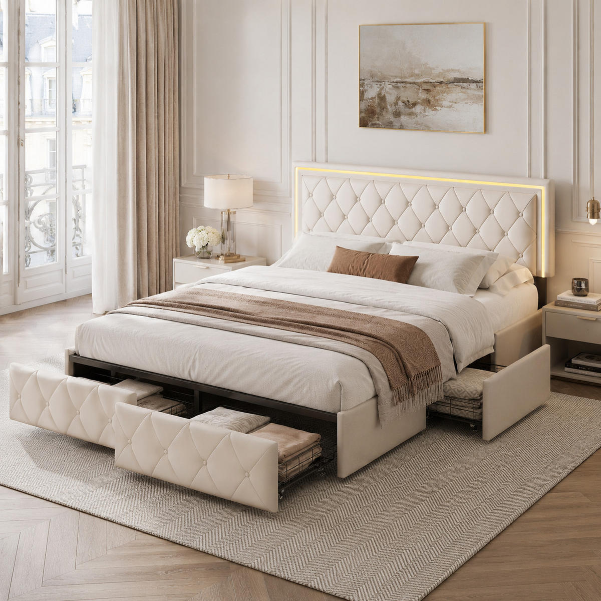 POLSTERBETT 140/200 cm Beige mit LED-Kopfteil, 4 Schubladen und Stauraum, Doppelbett gepolstert - Beige, Holz/Metall (140/200cm) - Joyfair