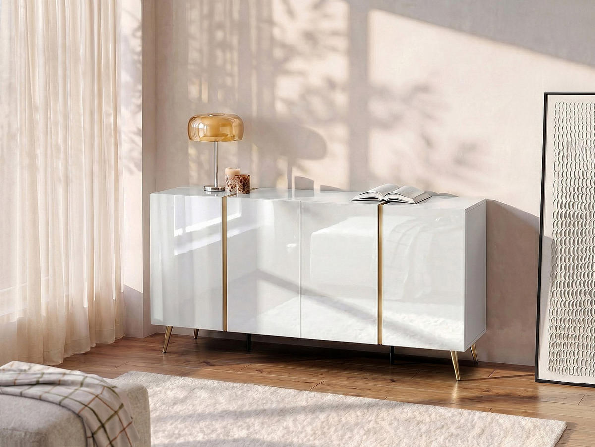SIDEBOARD - 199.3 cm x 41 cm - Holz, Platte - Weiß, Goldfarben - MARZIALO - Goldfarben/Weiß, Holz (199.3/87.2/41cm) - Vente-Unique