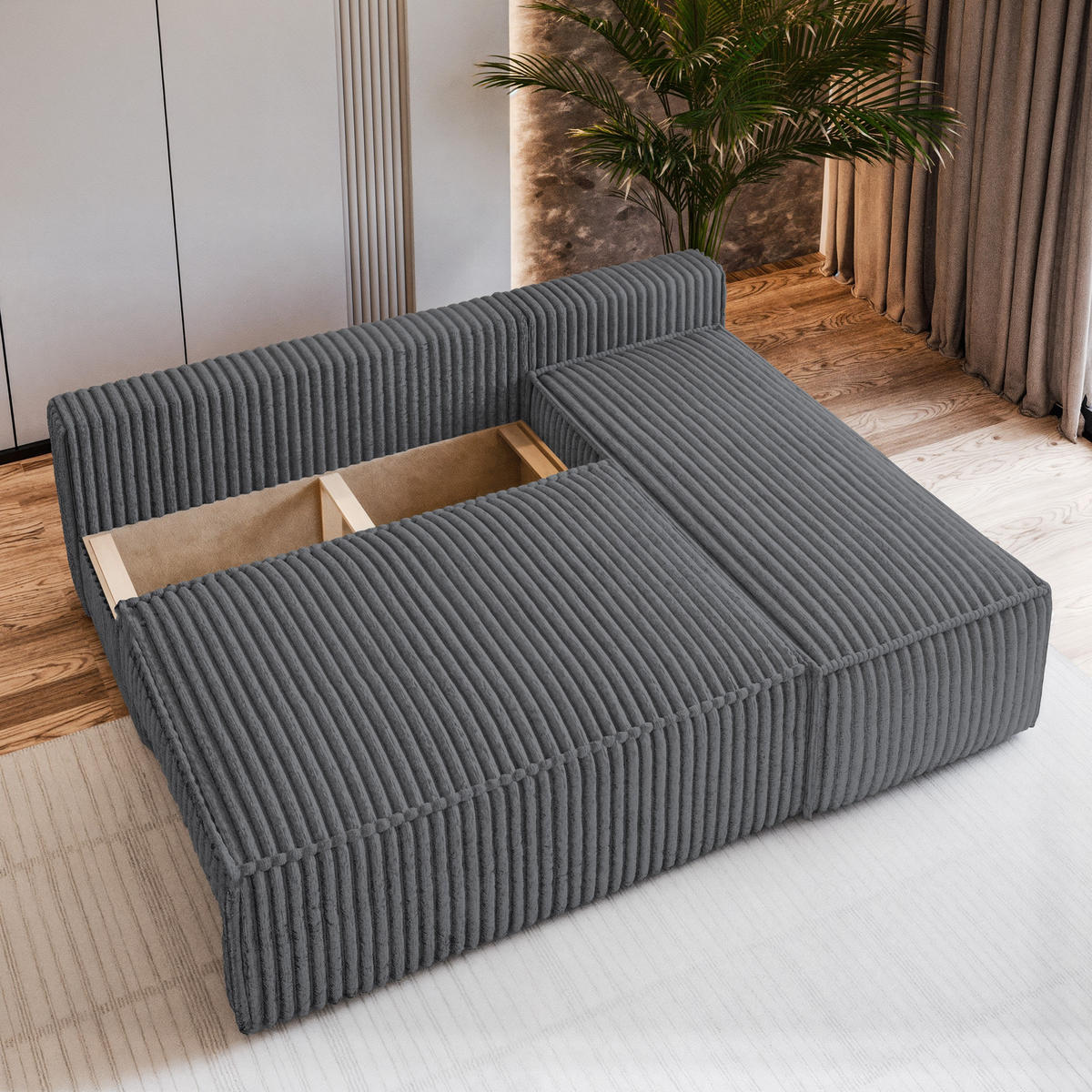 ECKSOFA BRISO T Graphitfarben Kordstoff mit Schlaffunktion - Graphitfarben, Holz (200/140cm) - MASSENO