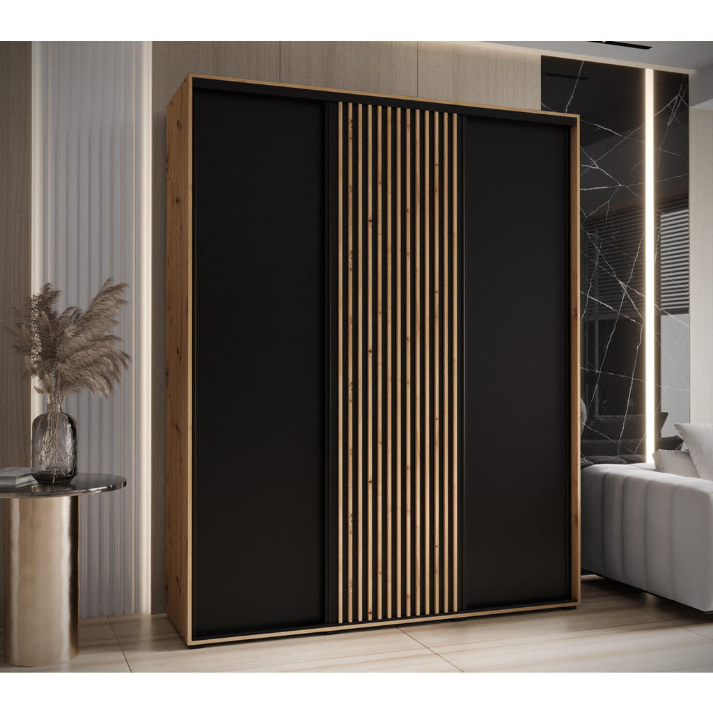 Thumbnail - Abiks Möbel Schwebetürenschrank, Eiche Artisan, Schwarz, Eiche Artisan, Metall, Nachbildung, 6 Fächer, 200x235x45 cm, Sc...