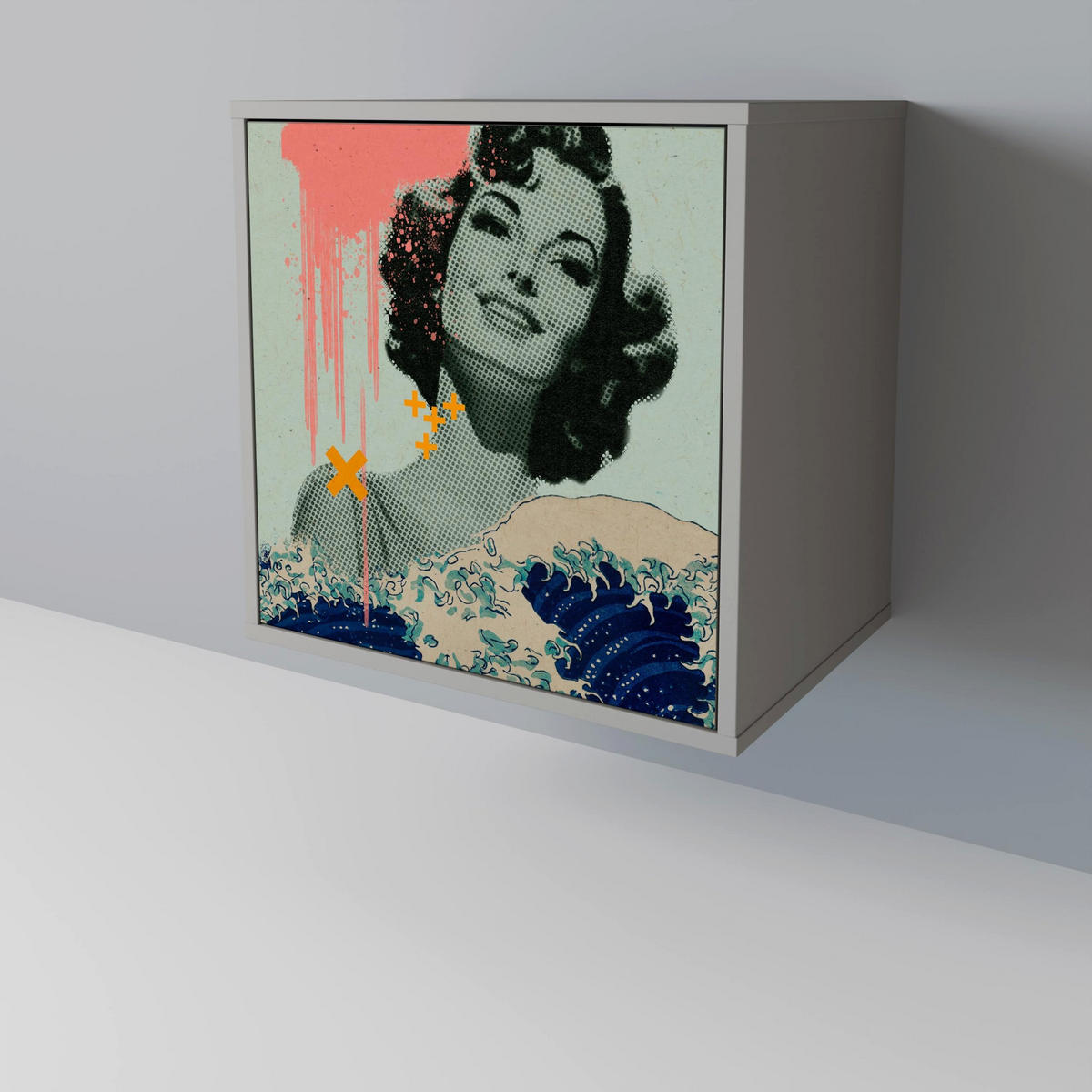 SIDEBOARD KANAGAWA BEAUTY, Grau, 57,5x42x77,5 cm, Schräge Buchenholzfüße - Buchefarben/Multicolor, Holzwerkstoff/Buchenholz (57.5/77.5/42cm) - SpaceRebels