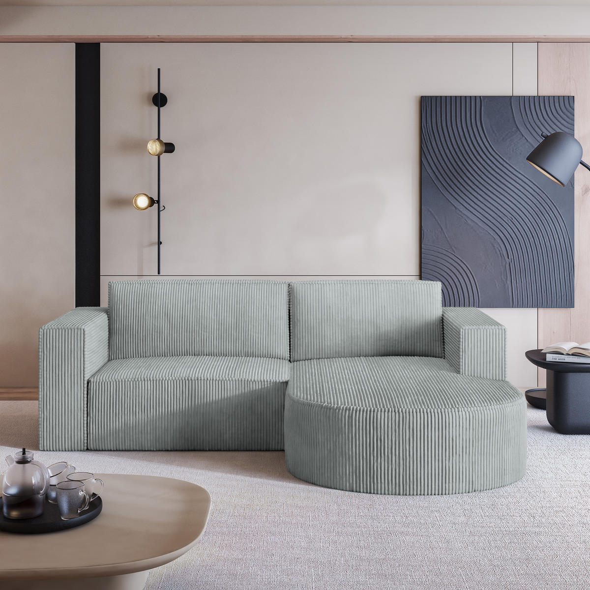 ECKSOFA SORELA P R-S Hellgrau Kordstoff mit Schlaffunktion - Hellgrau, Holz (263/174cm) - MASSENO