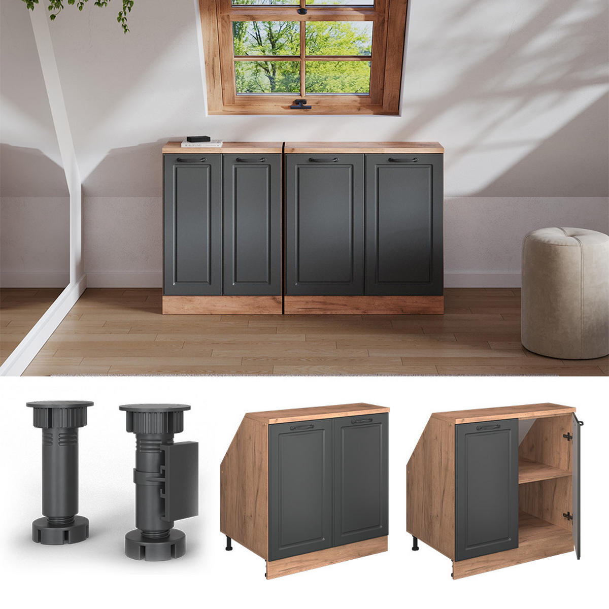 WARDROBE FOR SLOPING CEILING Rion Antracit u rustikalnom stilu 80 x 81.6 cm s 2 vrata, korpus ormara dubine 60 cm - hrast medunac/antracit, drvni materijal (80/83.8/60cm) - Vicco