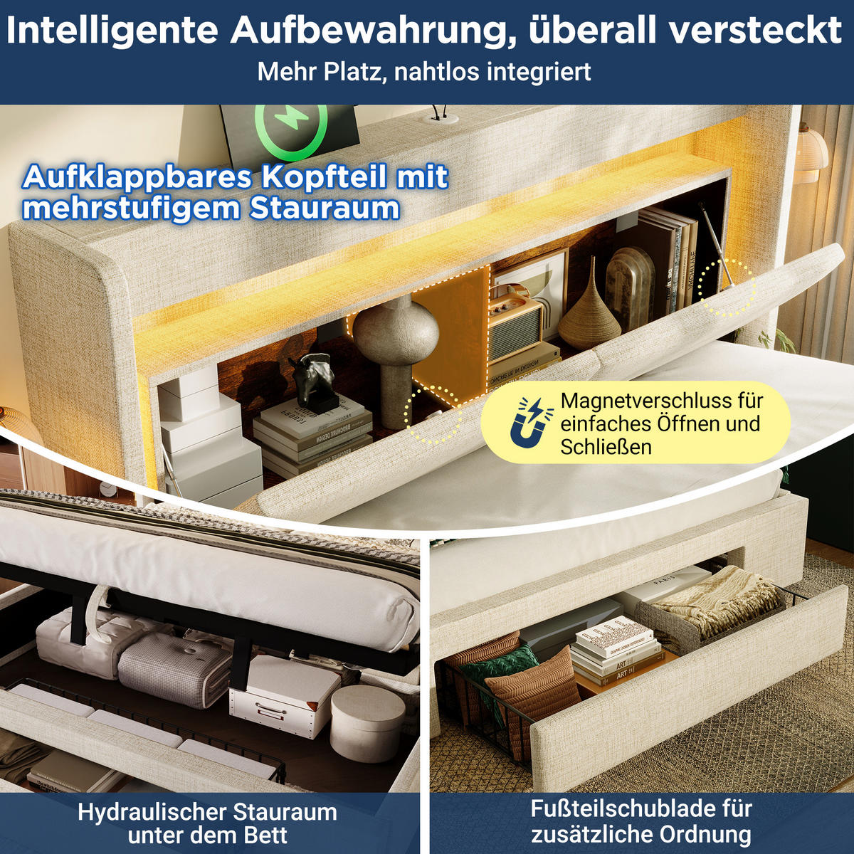 POLSTERBETT 140/200 cm Beige aus Leinen mit LED und Stauraum - Beige, Textil (140/200cm) - OKMYHOME