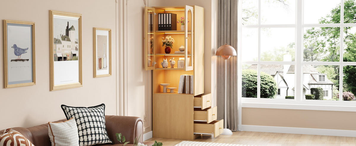 BÜCHERREGAL Eiche 60×40×200 cm aus MDF mit LED Glasvitrine seitlichen Schubladen und Kippschutz - Naturfarben, Holzwerkstoff (60/200/40cm) - Luhomfu