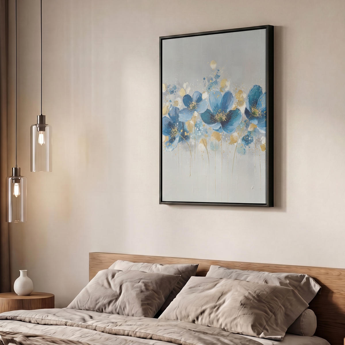 LEINWAND Bilder mit Rahmen - Blumen - Blau - Abstrakt - 60x80 - Hellgrau, Textil (60/80cm) - MuchoWow