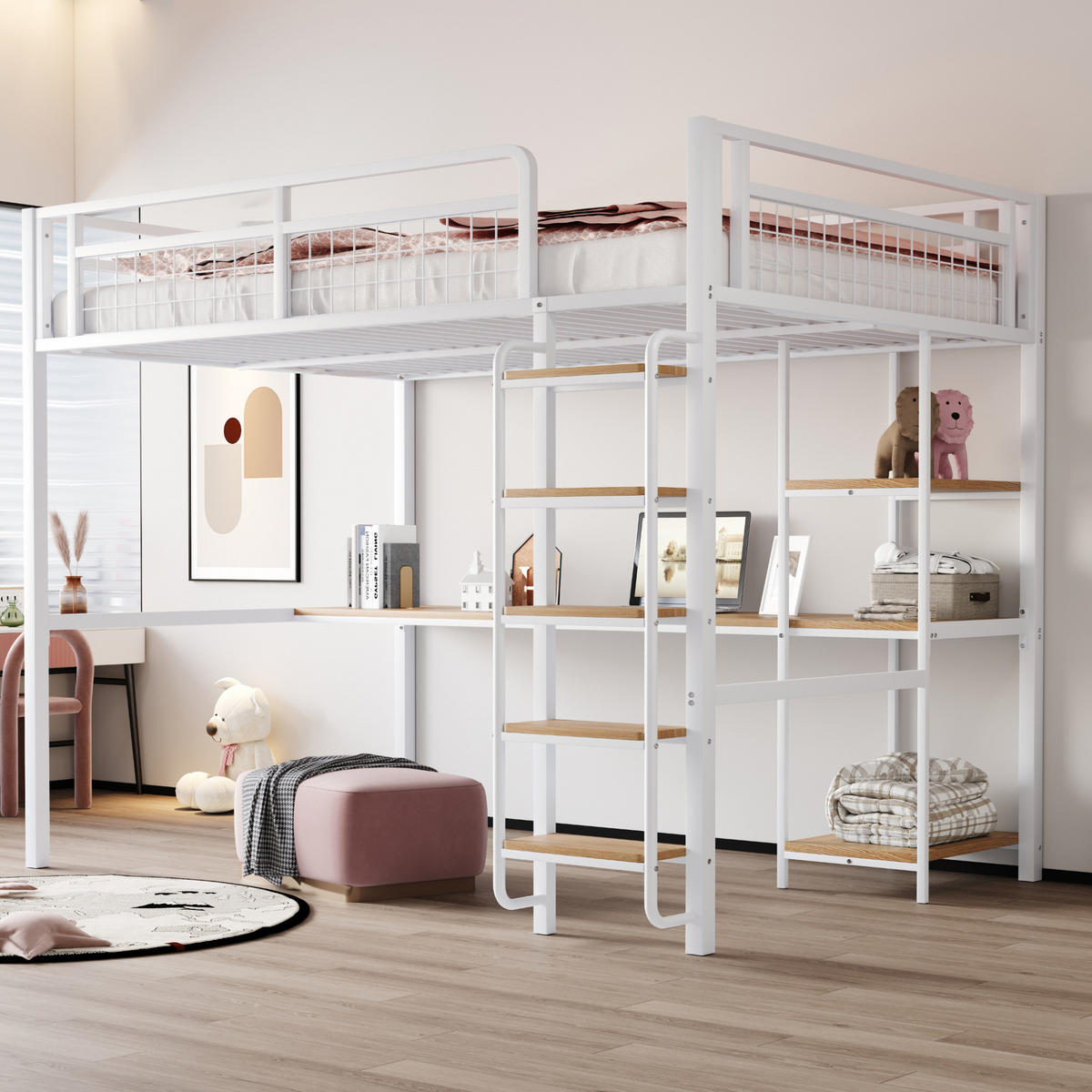 HOCHBETT 140/200 cm Weiß aus MDF und Metall mit Tisch und Regal - Weiß, Metall (140/200cm) - OKMYHOME