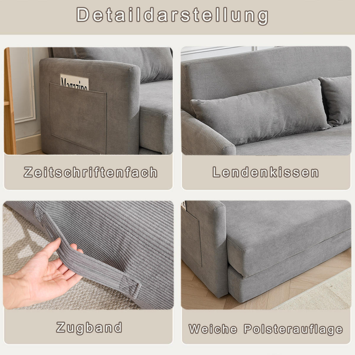 2-SITZER SOFABETT Cord Grau mit Kissen und Magazintaschen - Grau, Holzwerkstoff/Textil (165/67/212cm) - WISHDOR
