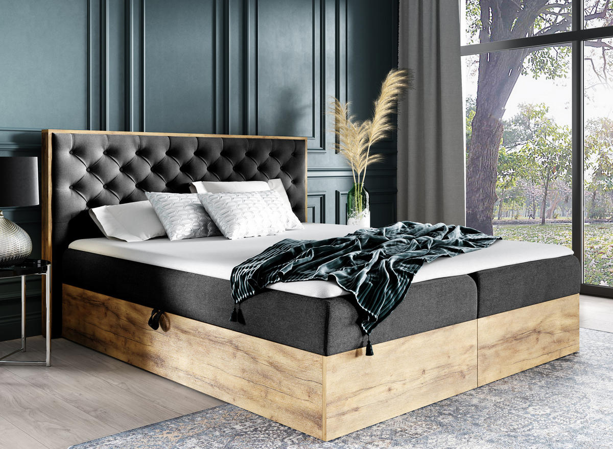 BOXBETT Clavio 160/200 cm in Schwarz – mit Bettkasten und Topper - Schwarz, Holz/Holzwerkstoff (160/200cm) - AX Living