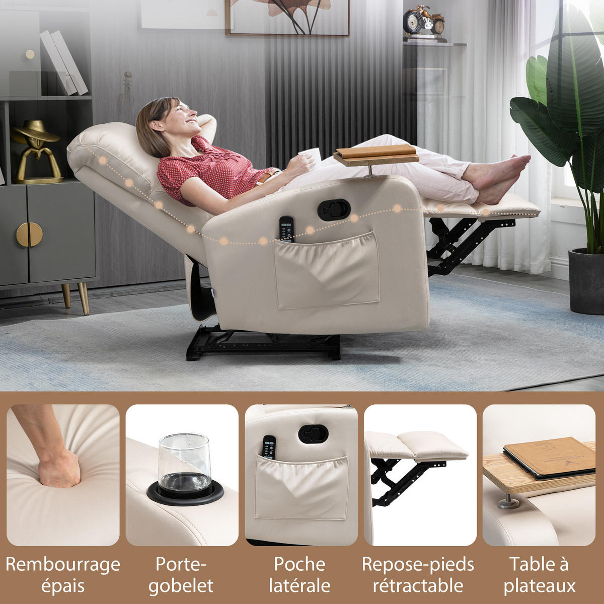 MASSAGESESSEL Beige mit Massagefunktion und Liegefunktion 77/93/105 cm - Beige, Textil (77/105/93cm) - PANGIVO