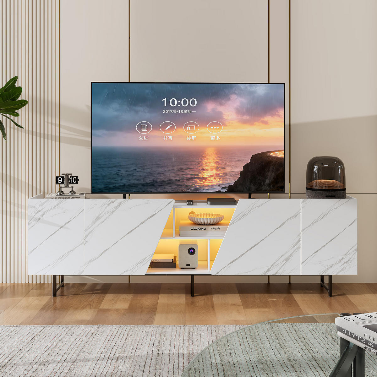 TV-BOARD weiß 220cm marmor-optik metallgestell - Weiß, Holzwerkstoff (34.5/67.7/220cm) - SHOPENTRA