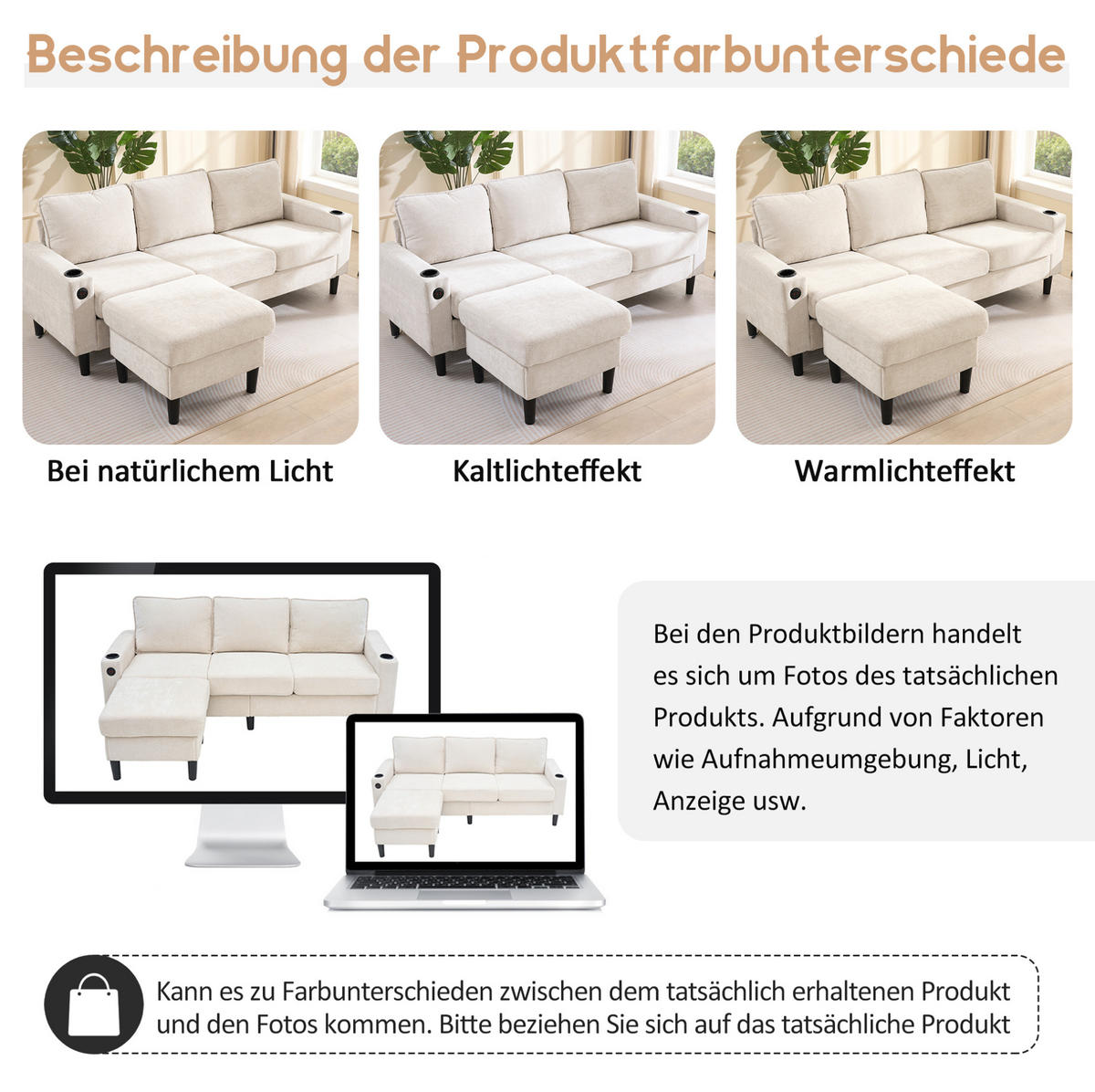 SOFA mit Hocker und USB 202 x 137 cm Leinen Beige - Beige, Textil (202/137cm) - IVMEU