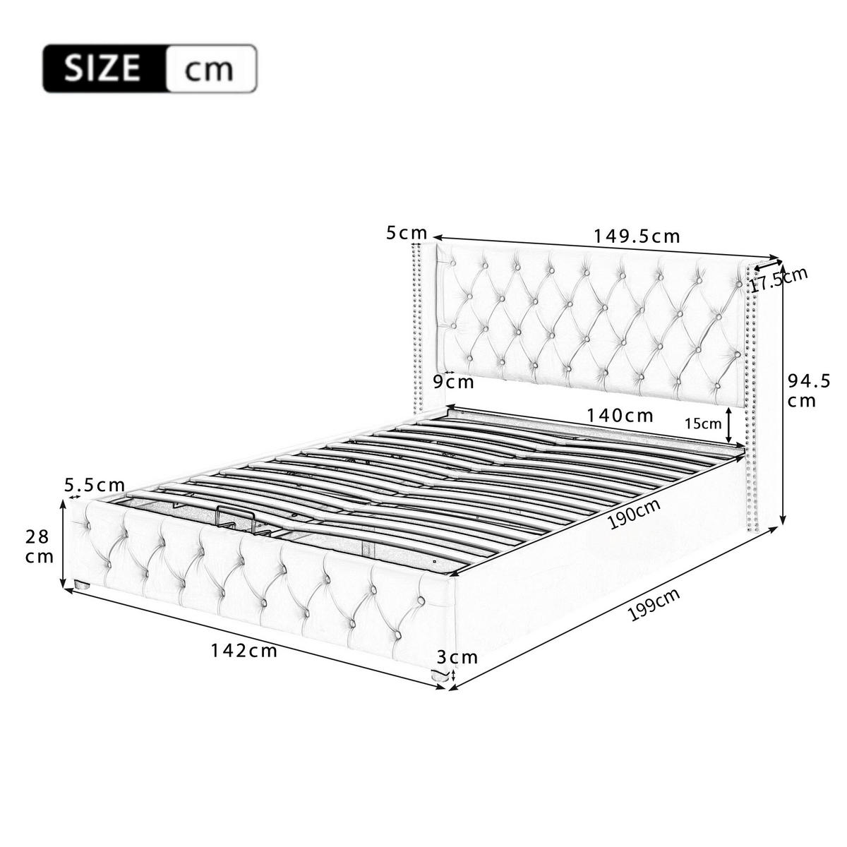 POLSTERBETT 140x190 Hydraulik Knopf Nieten Velours Schwarz Beige - Beige, Textil (180/200cm) - FLIEKS